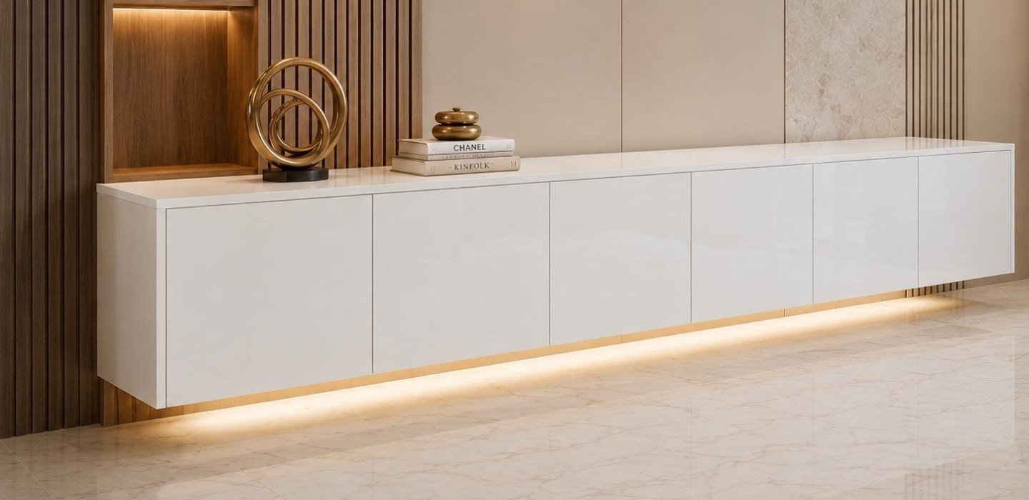 Floating TV unit with timber slat wall panels and marble finish