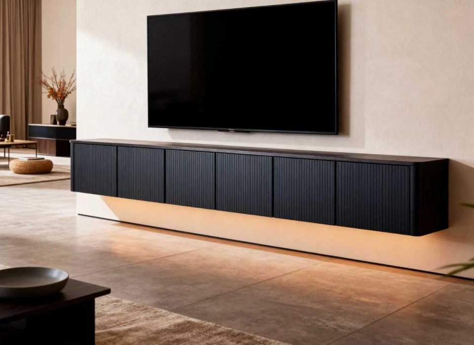 Fluted black floating TV unit in a modern living room
