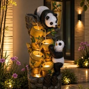 Bamboo Tier Fountain – tiered water fountain with two panda figures and bamboo-look pots
