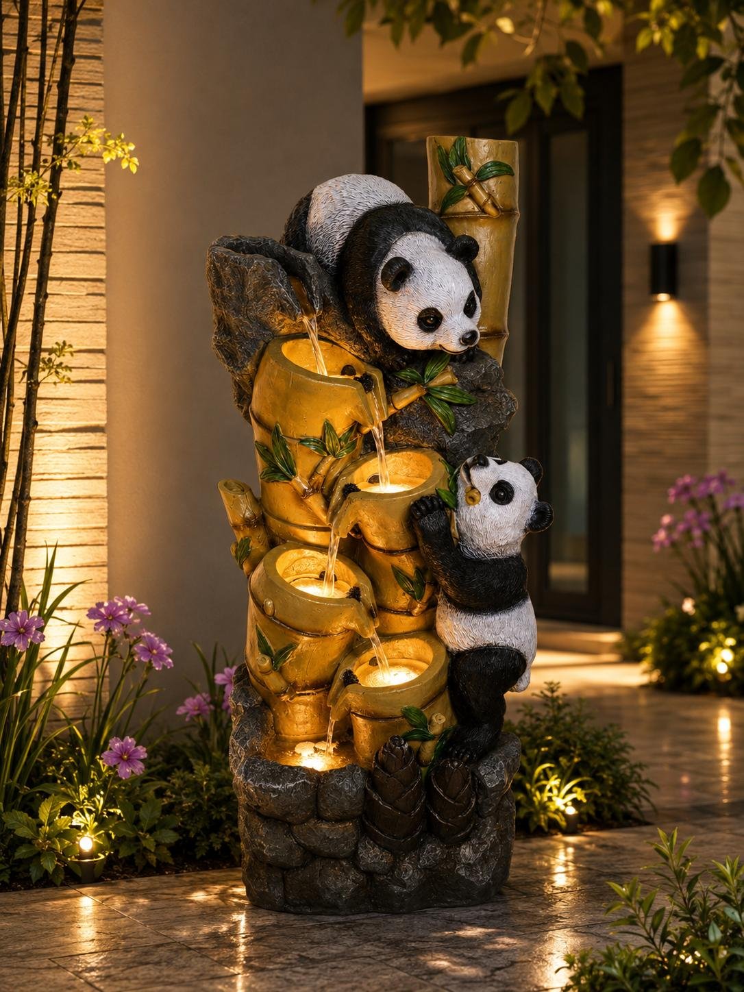 Bamboo Tier Fountain Bamboo Tier Fountain – tiered water fountain with two panda figures and bamboo-look pots
