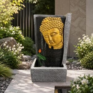 Buddha Glow Fountain – golden Buddha face water wall fountain with lotus accent