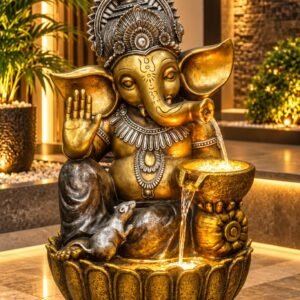 Divine Ganesh Ji Fountain – Antique Brass – antique brass-look Ganesh Ji water fountain with lotus basin