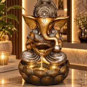 Divine Serenity – seated gold and silver Ganesh Ji water fountain with lotus basin