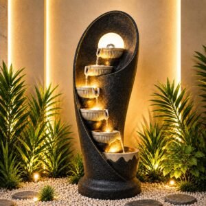 Eclipse Wall Fountain – crescent-form water feature with five cascading fluted bowls and glowing orb