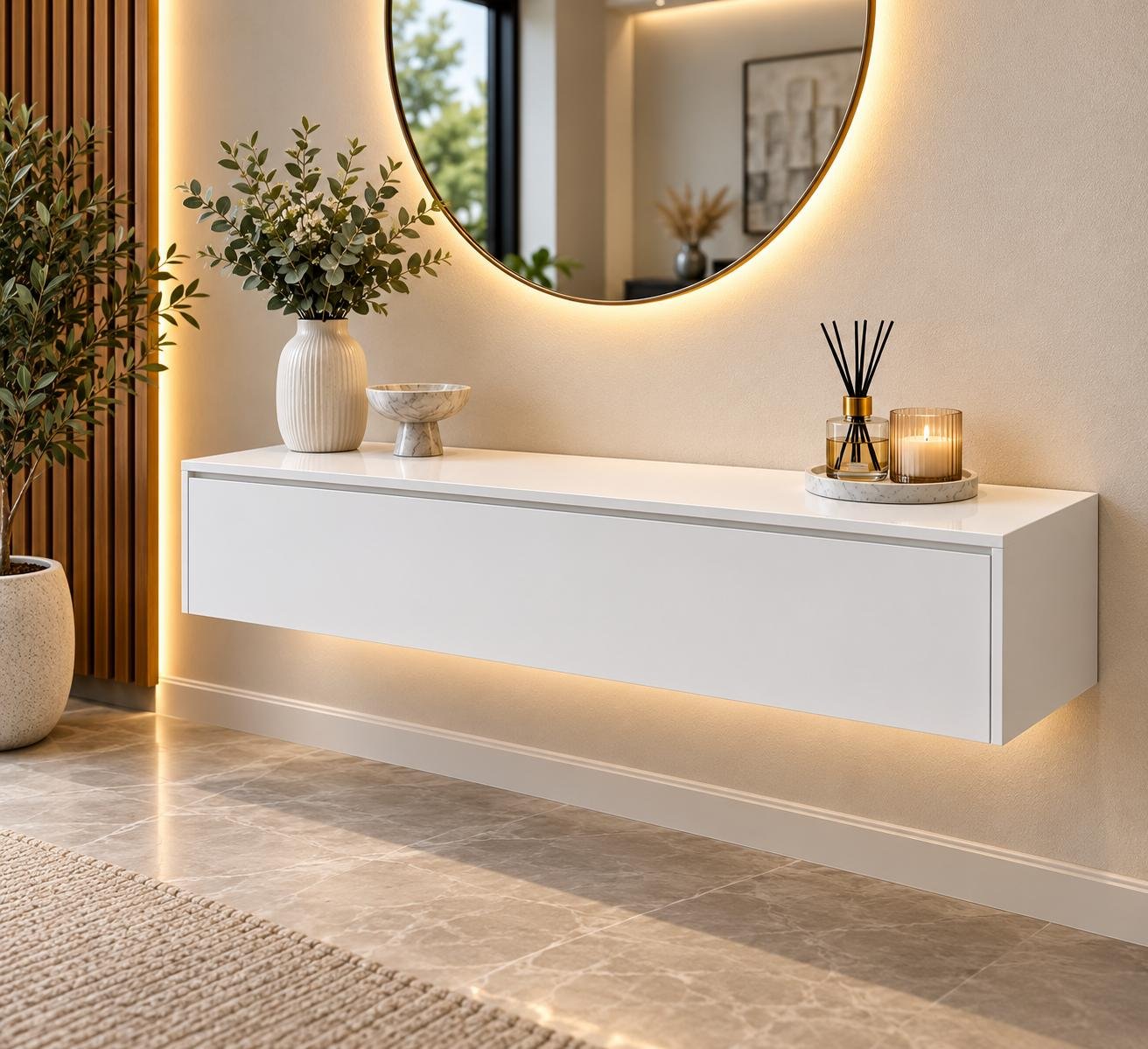 Floating consoles & Shelf Floating Console – White, Double Drawer