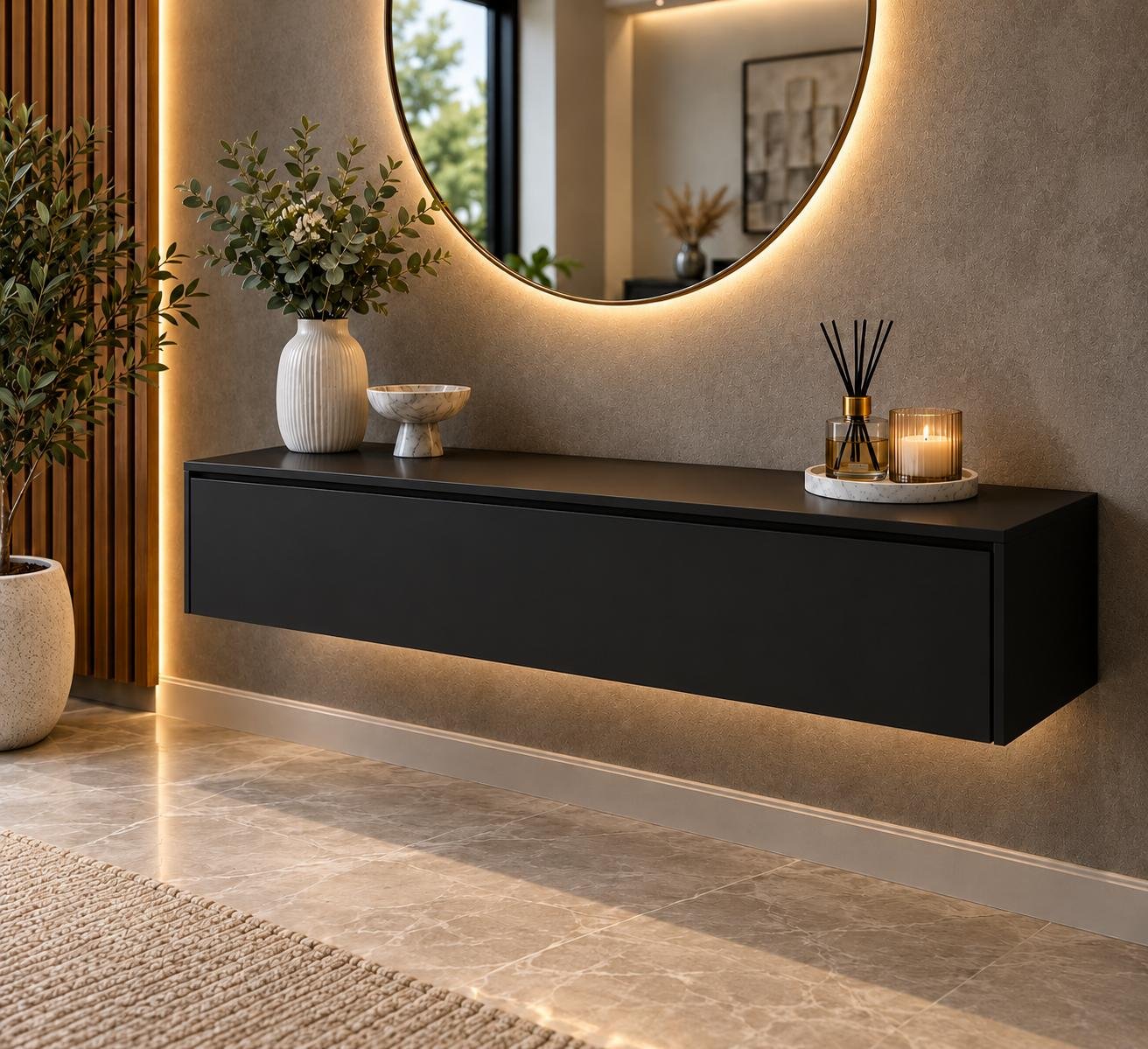 Floating Console – Black, Double Drawer