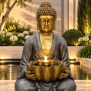 Golden Buddha Fountain – meditating Buddha fountain holding a glowing golden lotus bowl