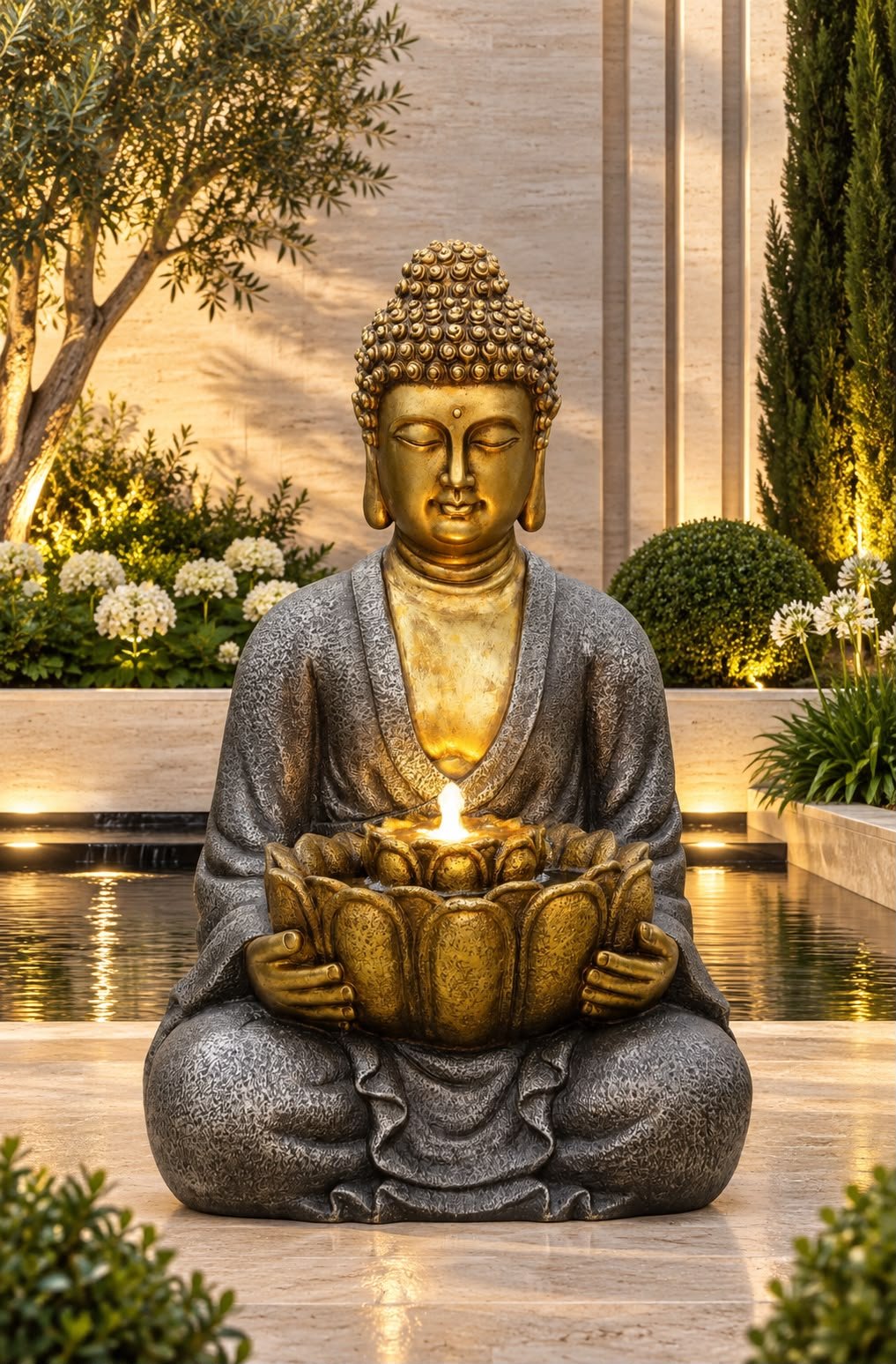 Golden Buddha Fountain Golden Buddha Fountain – meditating Buddha fountain holding a glowing golden lotus bowl