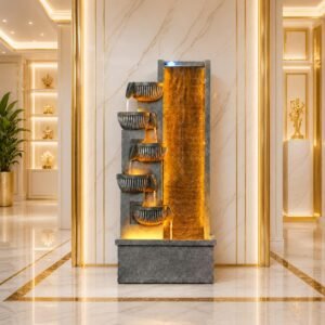 Golden Cascade Fountain – five-bowl cascade fountain beside a copper-gold water wall