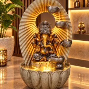 Golden Glow Ganesh Ji Water Fountain – Ganesh Ji fountain with glowing radiating backdrop and four cascading bowls