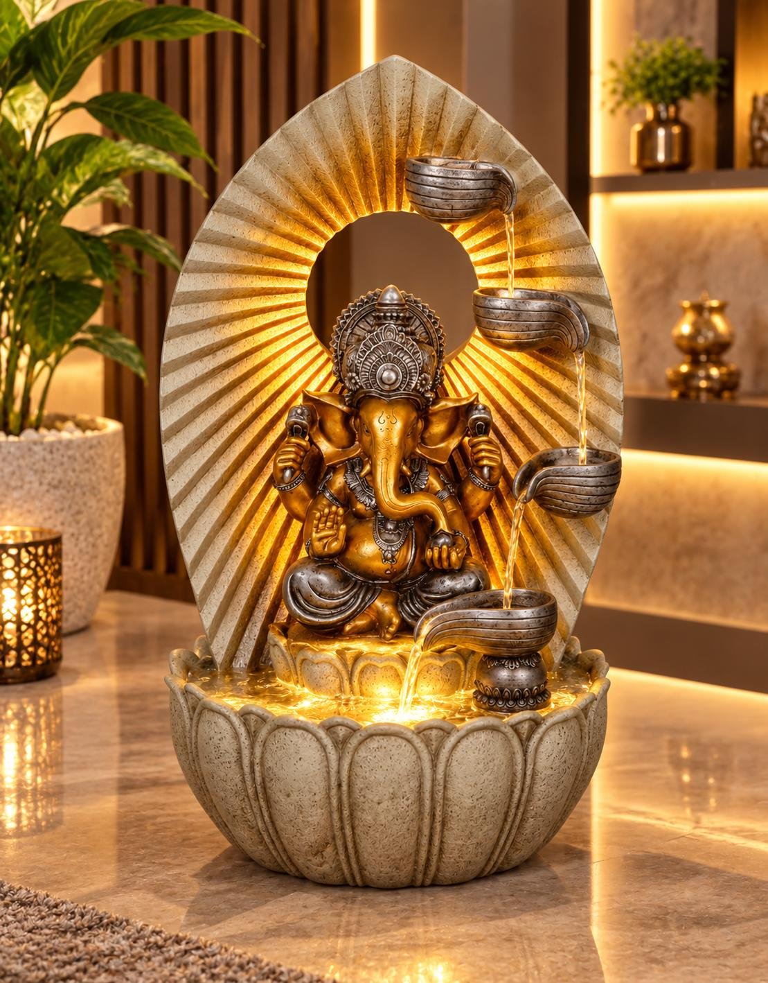 Golden Glow Ganesh Ji Water Fountain Golden Glow Ganesh Ji Water Fountain – Ganesh Ji fountain with glowing radiating backdrop and four cascading bowls