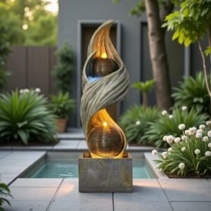 Luminous Spiral Serenity Fountain – spiral sculpture fountain with two glowing ribbed spheres on a stone-look base