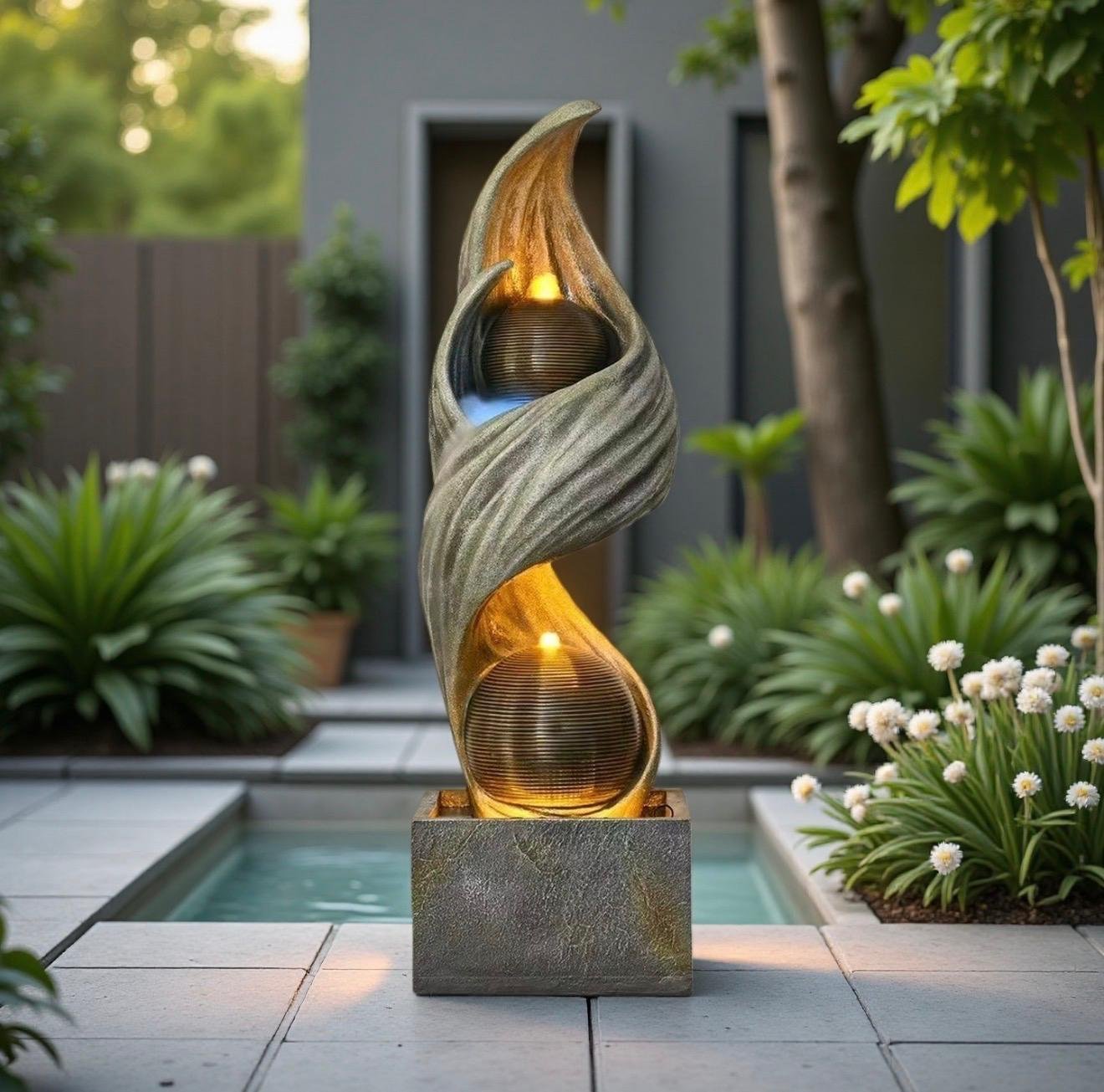 Luminous Spiral Serenity Fountain Luminous Spiral Serenity Fountain – spiral sculpture fountain with two glowing ribbed spheres on a stone-look base