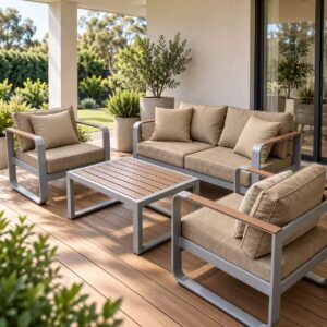 Luxe Haven Outdoor Lounge Set – outdoor lounge set with sofa, two armchairs, timber-look arms and sand cushions