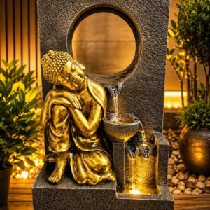 Meditative Aura Cascade – golden resting Buddha water feature with moon-opening wall