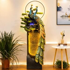 Peacock Serenity Falls – tall illuminated water feature with two peacocks and halo ring