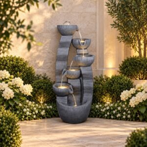 Royal Cascade Fountain – seated Buddha water fountain pouring from a lotus bowl before a carved halo backdrop