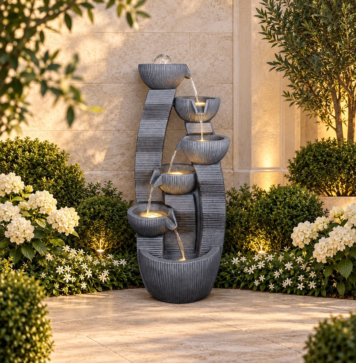 Royal Cascade Fountain Royal Cascade Fountain – seated Buddha water fountain pouring from a lotus bowl before a carved halo backdrop