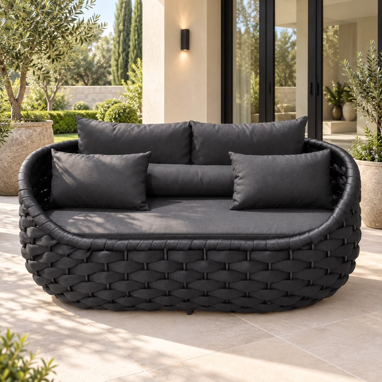 Royal Lounge Royal Lounge – charcoal rope-weave outdoor daybed sofa with scatter cushions