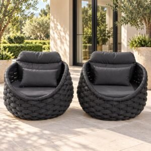 Royal Lounge – pair of charcoal rope-weave outdoor tub chairs