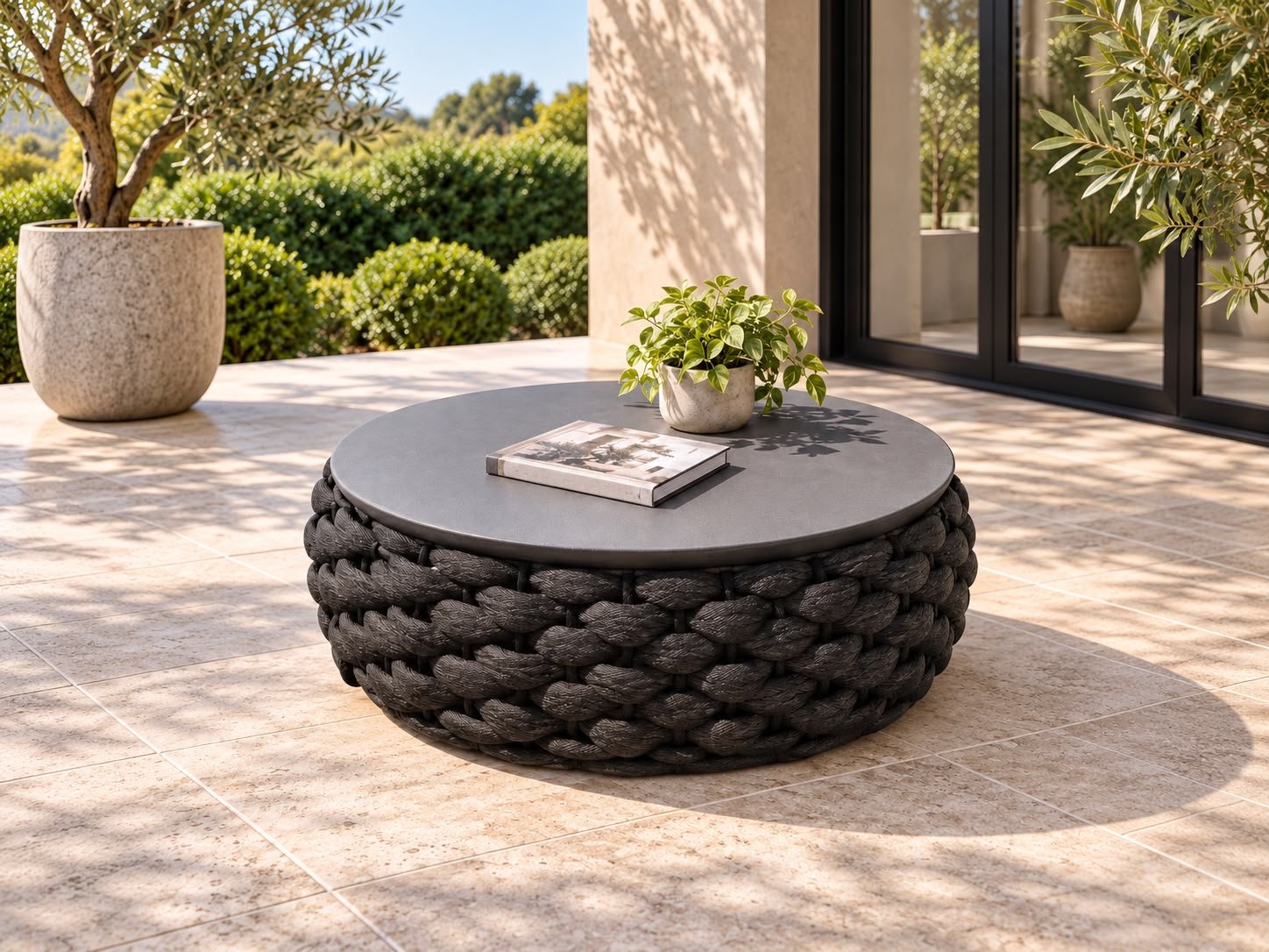 Royal Lounge – round charcoal rope-weave outdoor coffee table