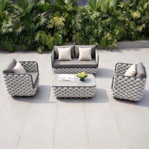 Royale Lounge Set – light grey rope-weave outdoor lounge set with charcoal cushions