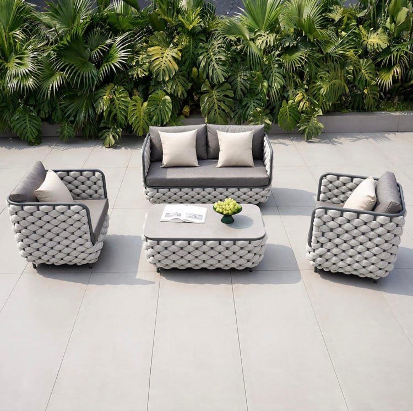 Royale Lounge Set Royale Lounge Set – light grey rope-weave outdoor lounge set with charcoal cushions