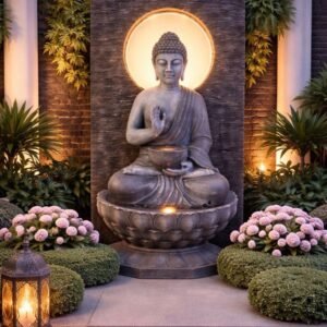 Sacred Peace Fountain – stone-look Buddha fountain on lotus basin with illuminated halo