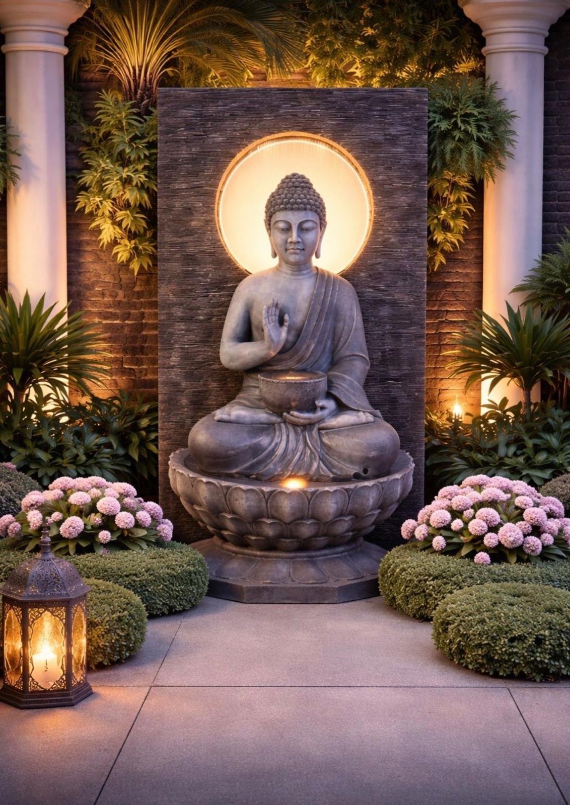 Sacred Peace Fountain Sacred Peace Fountain – stone-look Buddha fountain on lotus basin with illuminated halo