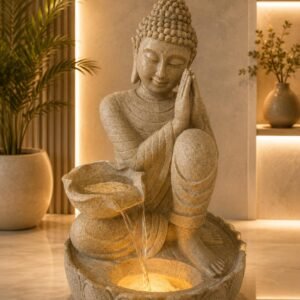 Serene Stone Buddha Fountain – sandstone-look praying Buddha fountain with glowing lotus basin