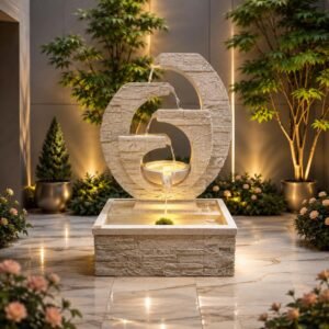 Symmetry Flow Fountain – grey fluted bowl cascade fountain in a curved ribbed frame