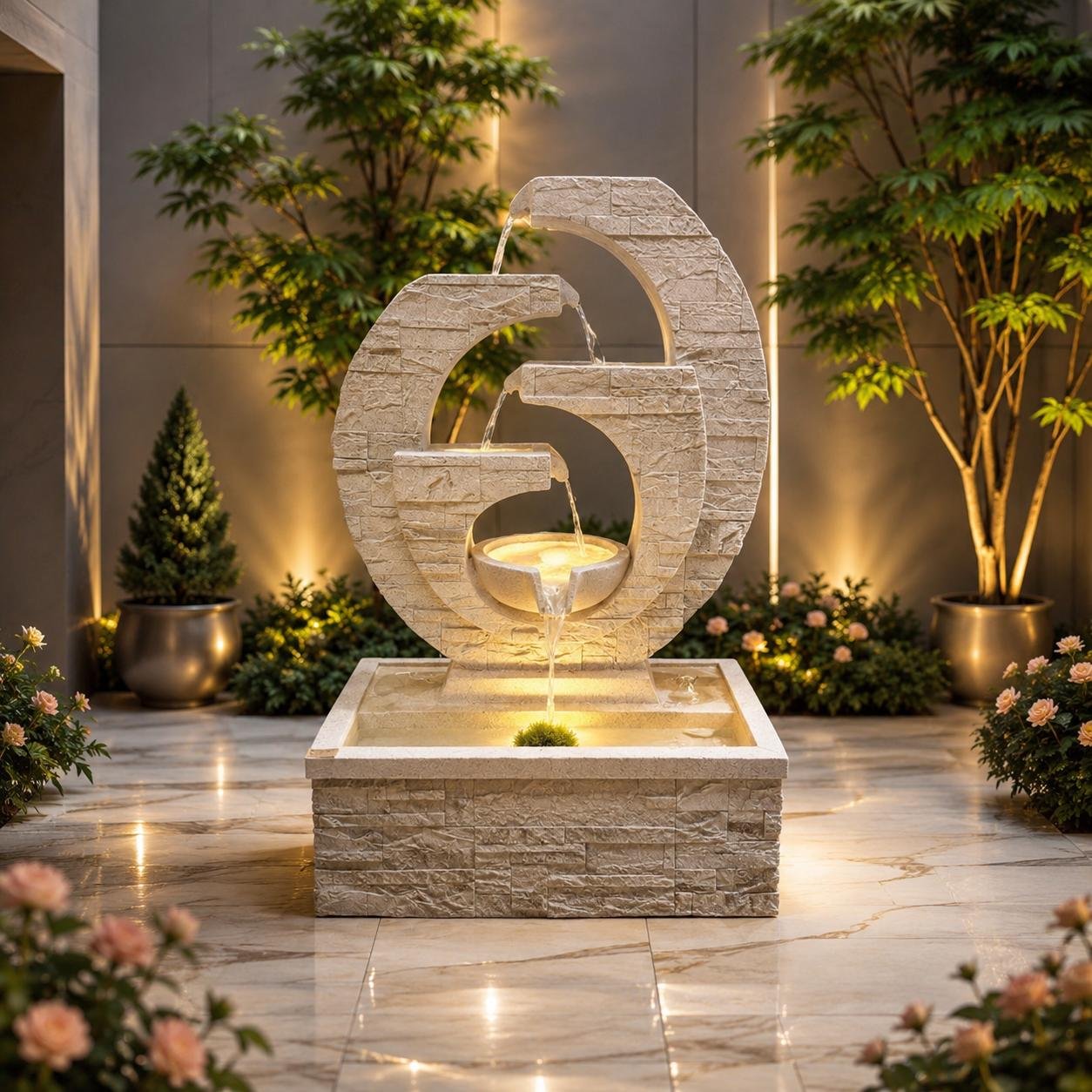 Symmetry Flow Fountain Symmetry Flow Fountain – grey fluted bowl cascade fountain in a curved ribbed frame
