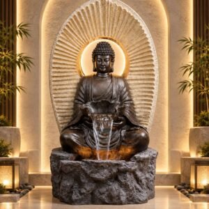 Temple Aura Water Feature – cream stone-look double crescent water feature with basin