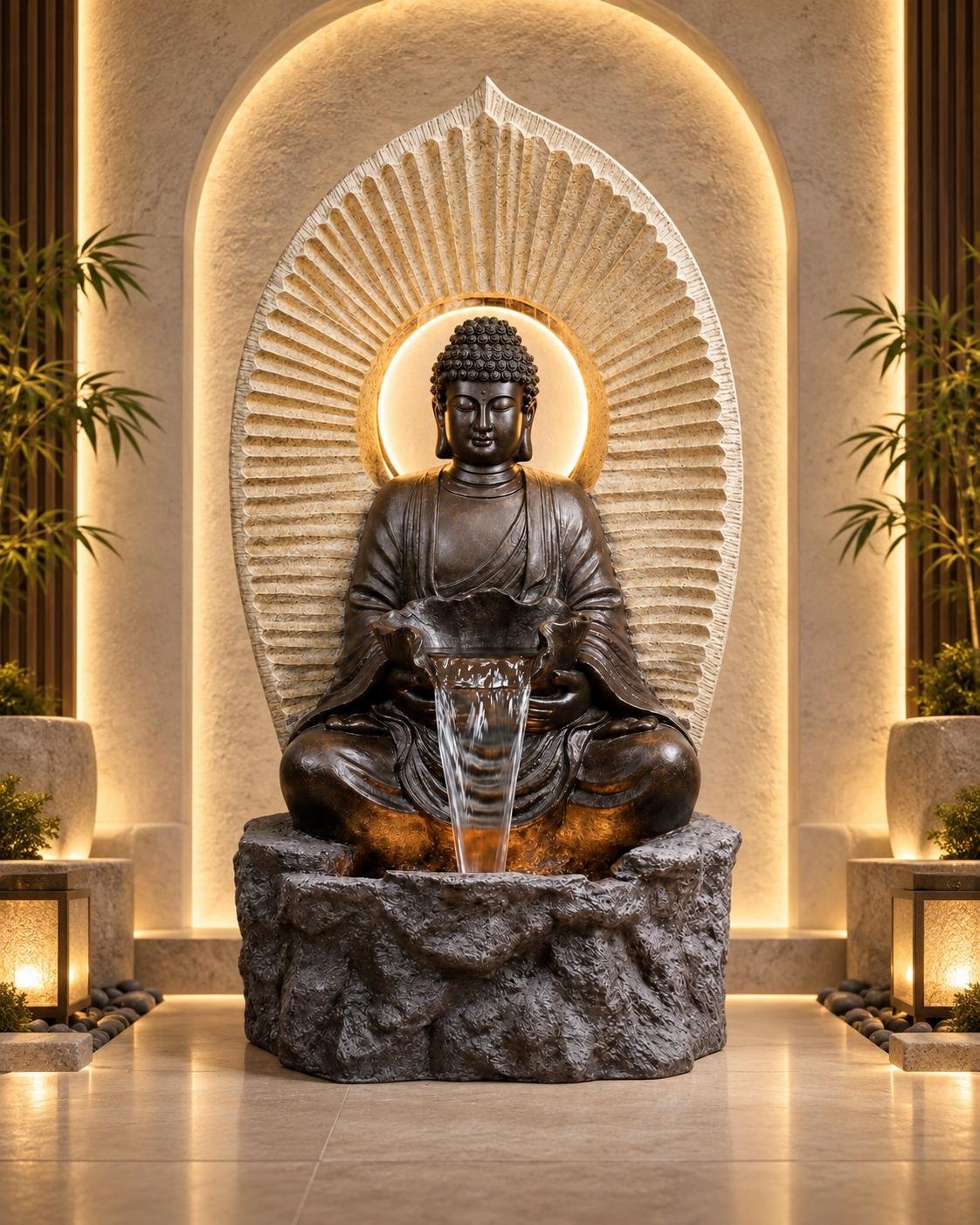 Temple Aura Water Feature Temple Aura Water Feature – cream stone-look double crescent water feature with basin