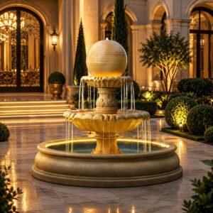 The Big Hemisphere Fountain – two-tier sphere fountain in a round basin with illuminated rim