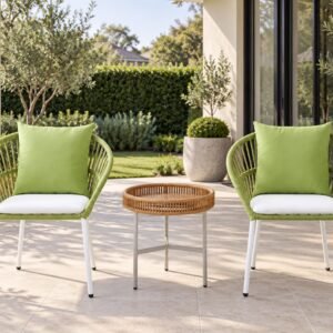 The Capri Patio Set – two lime-green rope patio chairs with round woven side table