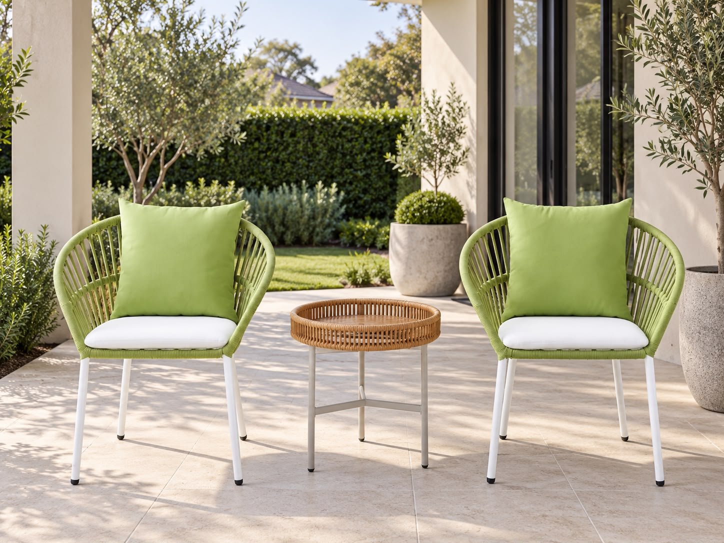 The Capri Patio Set The Capri Patio Set – two lime-green rope patio chairs with round woven side table