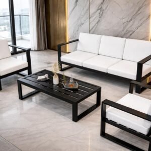 The Grand Solis – black square-frame outdoor lounge set with white cushions