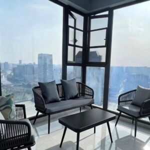 The Karis – black rope-weave balcony lounge set with grey cushions