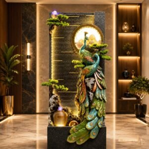 The Opulent Peacock Cascade – illuminated peacock water wall with golden moon ring and urn