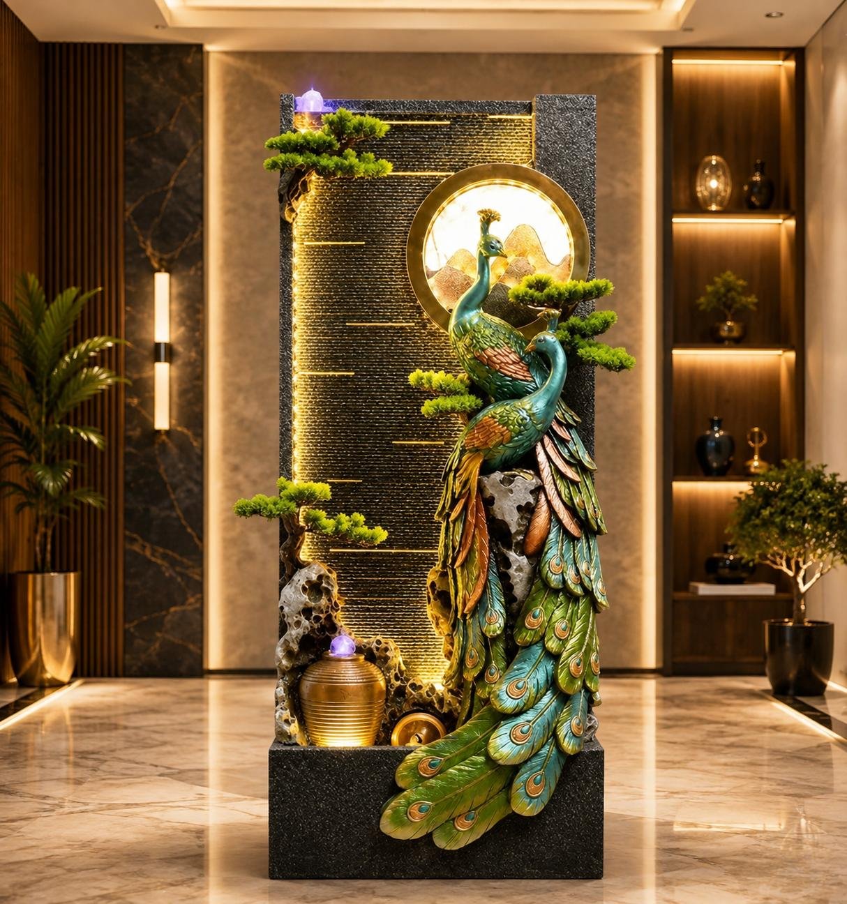 The Opulent Peacock Cascade The Opulent Peacock Cascade – illuminated peacock water wall with golden moon ring and urn
