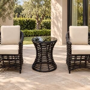 The Patio Set – two dark rattan-look outdoor armchairs with hourglass glass-top side table
