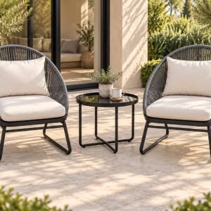 The Riviera Balcony Set – two charcoal rope balcony chairs with round glass-top side table