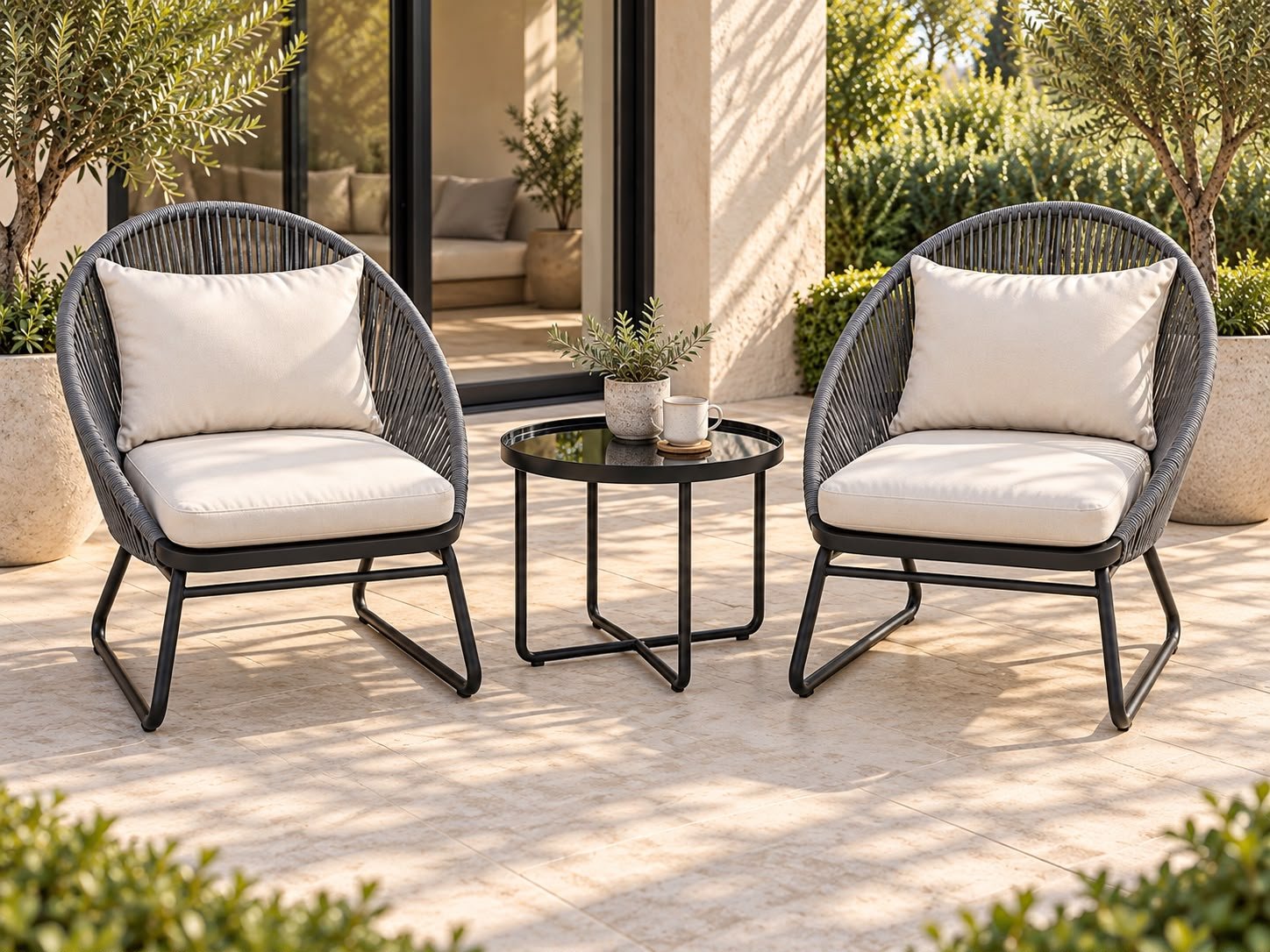 The Riviera Balcony Set The Riviera Balcony Set – two charcoal rope balcony chairs with round glass-top side table