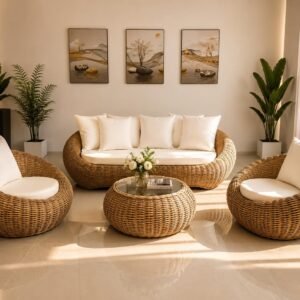 The Santorini Woven Lounge Set – natural woven cocoon sofa, egg chairs and round coffee table