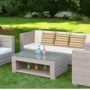The Solace – grey wicker-look outdoor lounge set with glass-top coffee table