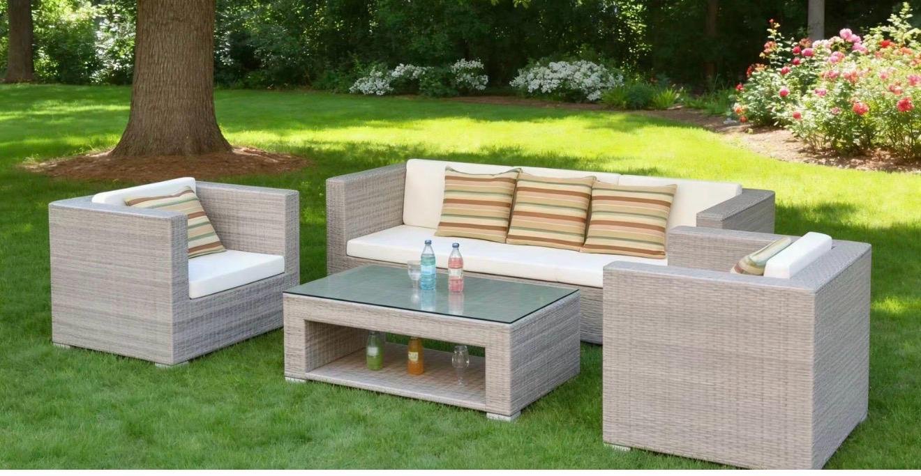 The Solace The Solace – grey wicker-look outdoor lounge set with glass-top coffee table