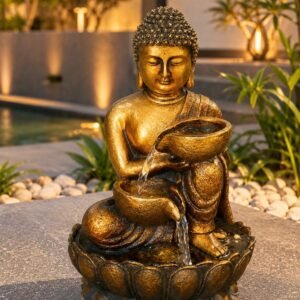 Tranquil Buddha Water Feature – golden Buddha water feature pouring from bowl to bowl