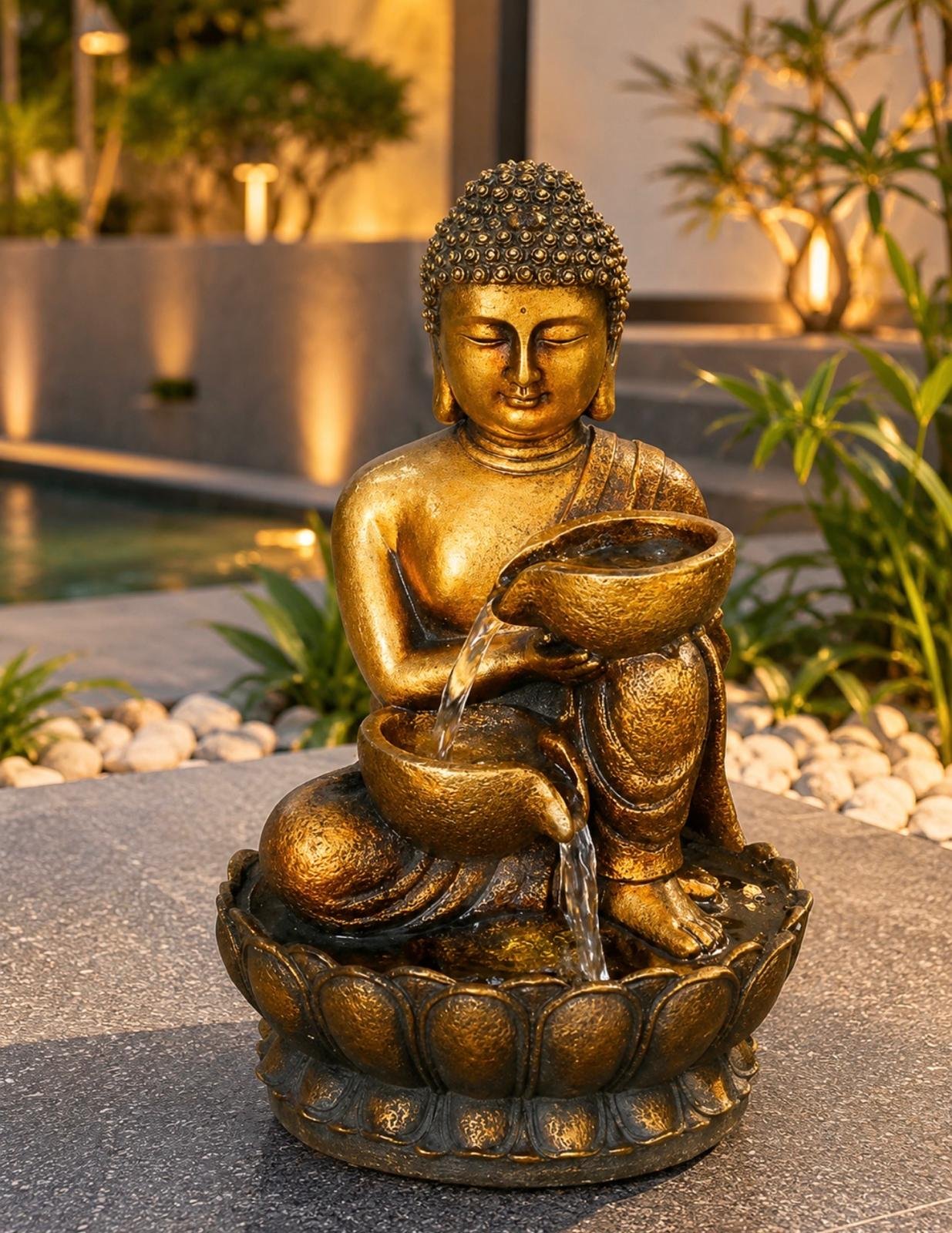 Tranquil Buddha Water Feature Tranquil Buddha Water Feature – golden Buddha water feature pouring from bowl to bowl