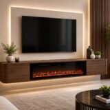 Floating TV Cabinet with 60" Electric Fireplace – Walnut